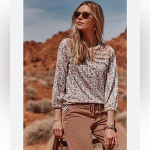 J. Jill Vibrant Arts Border Print Top Blouse 3/4 Sleeve Piping Brown Floral Sm